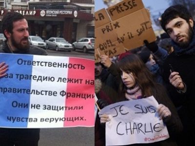 "Активист" Д.Энтео проводит акцию против убитых; акция солидарности с Charlie во Франции. Источники - http://vk.com/, http://zn.ua/